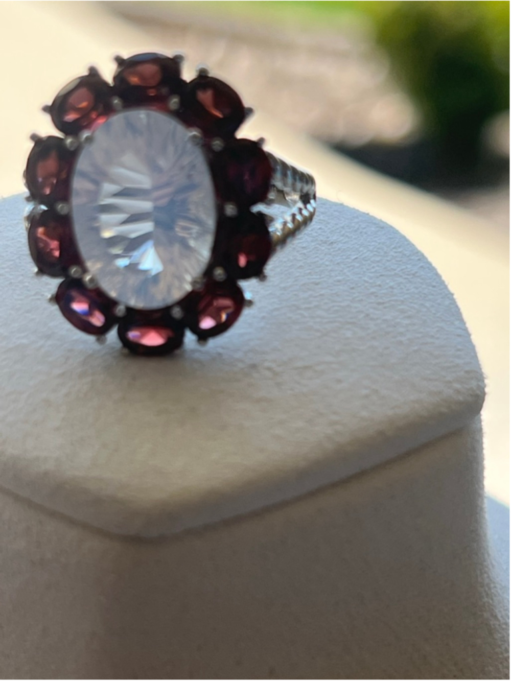 JTV 925 Sterling Silver. quartz, and Red Garnet Gemstone Ring Size 9